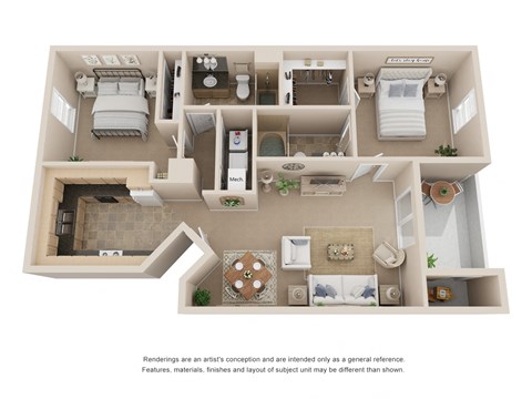 Floor plan for 2 beds, 2 baths, 993 sqft